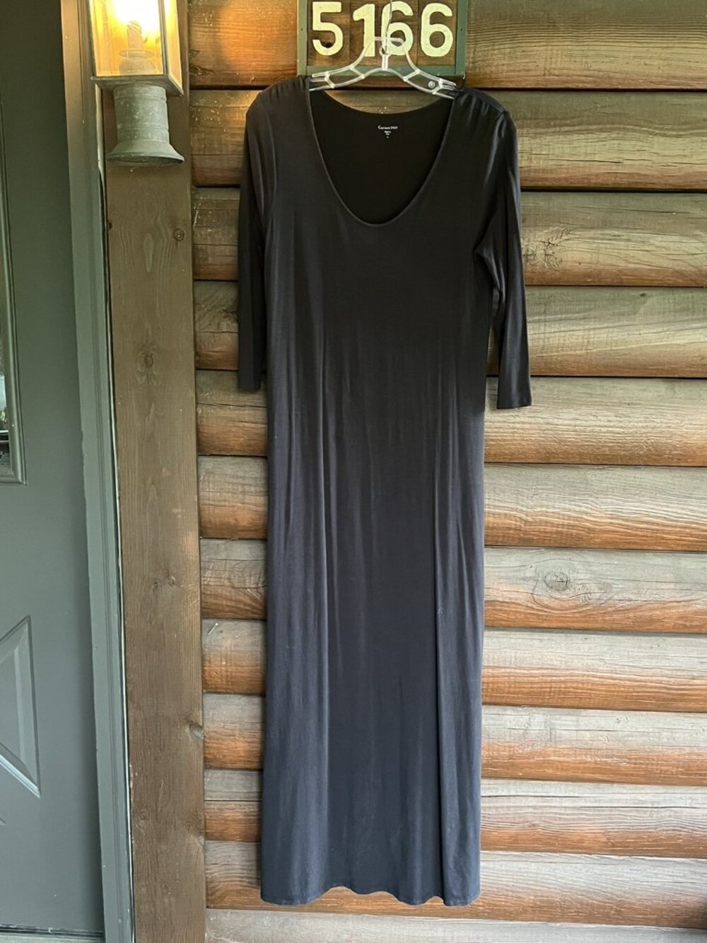 Garnet Hill Buttery Soft Black Jersey Maxi Dress w/3/4 Sleeves Scoop Neckline, S